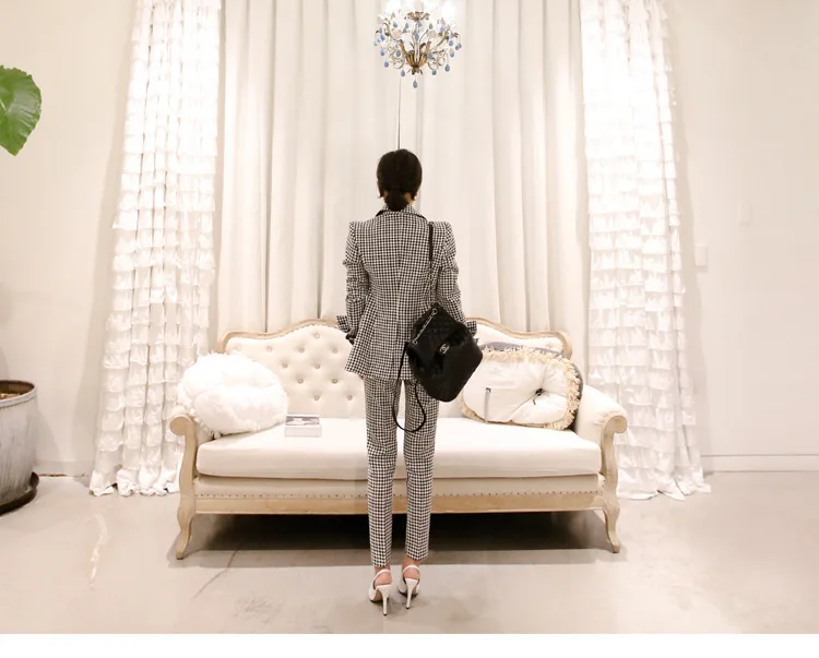 Plus Size Autumn Winter Formal Office Two Piece Set for Women Houndstooth Blazer and Pants Women Casual Sheath 2 Piece Set