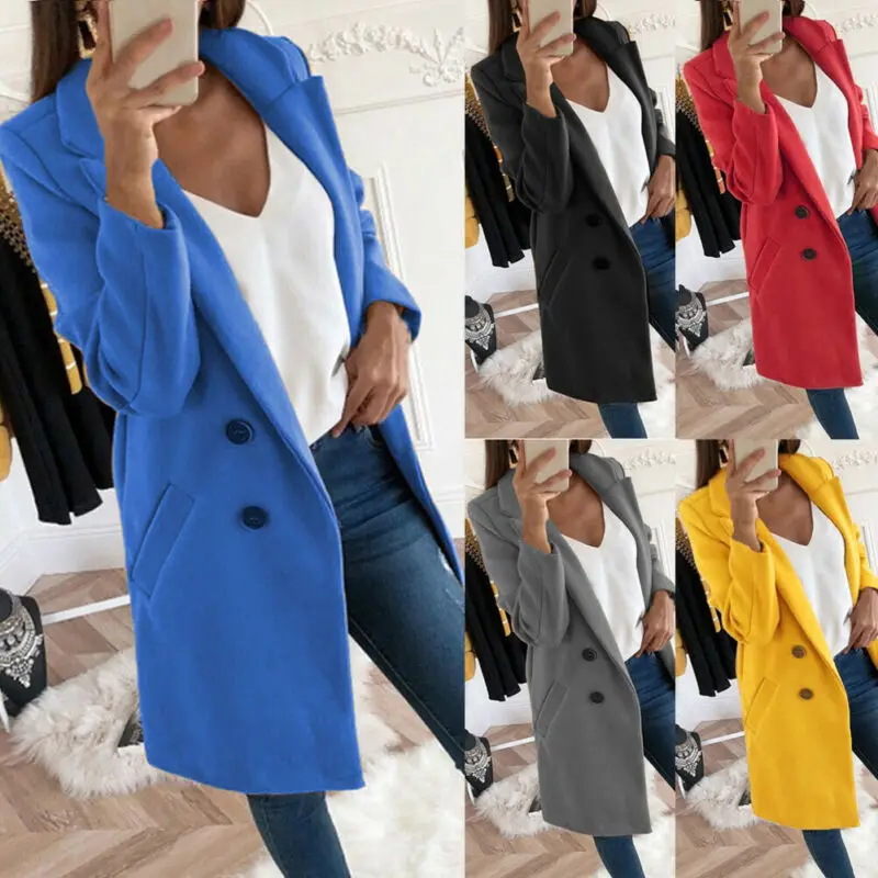 

Solid Color New Fashion Women Slim Wool Blends Casual Blazer Jacket Tops Outwear Jacket Career Formal Long Coat