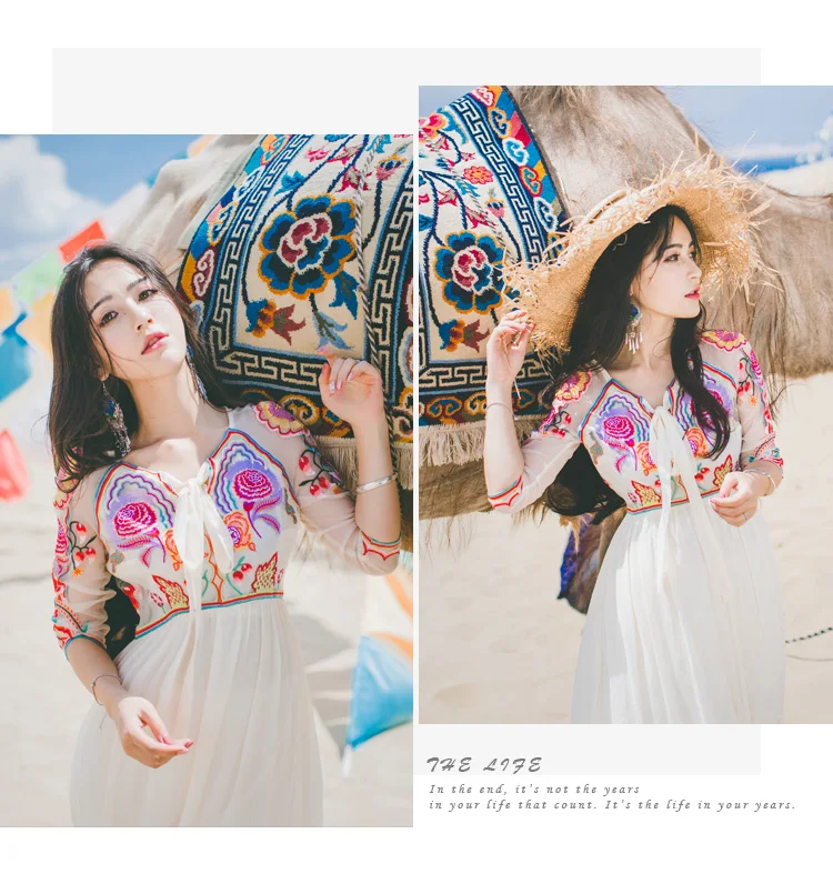 Brand New Vintage Organza Embroidery Dress Lace-up Bowtie Three Quarters Sleeve Maxi Dress Boho Dress for Vocation Vestidos
