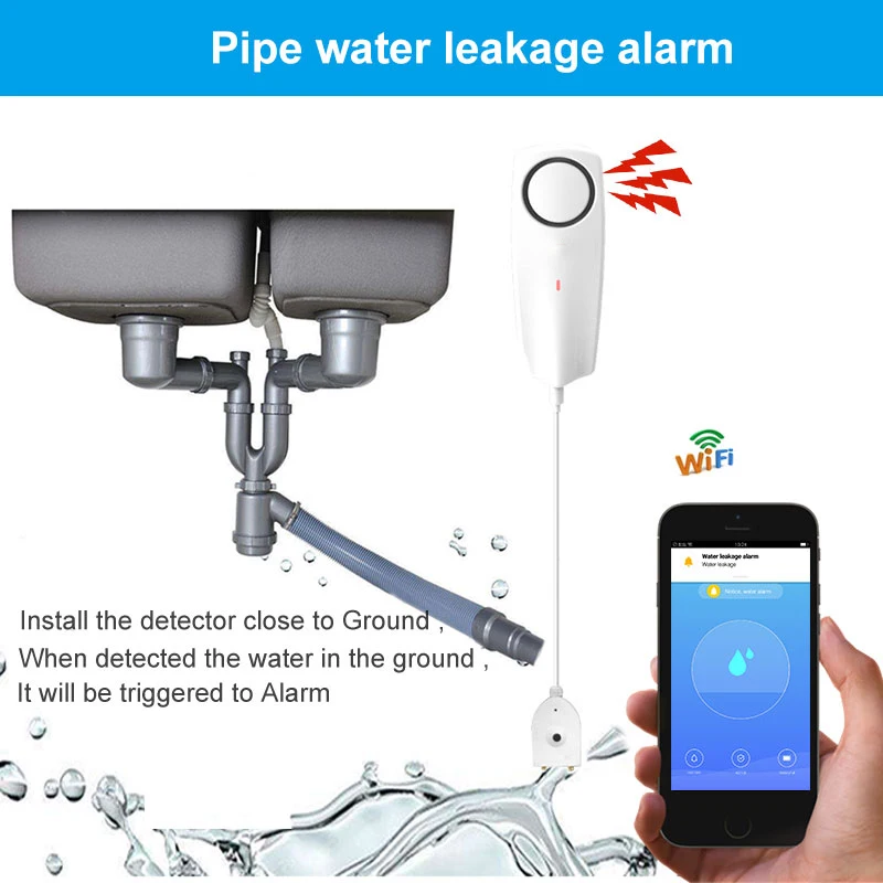 

Tuya Smart APP Wireless Water Level Detector Leakage Overflow Buzzer WIFI Liquid Leak Sensor Alexa Push Alarm Alerts