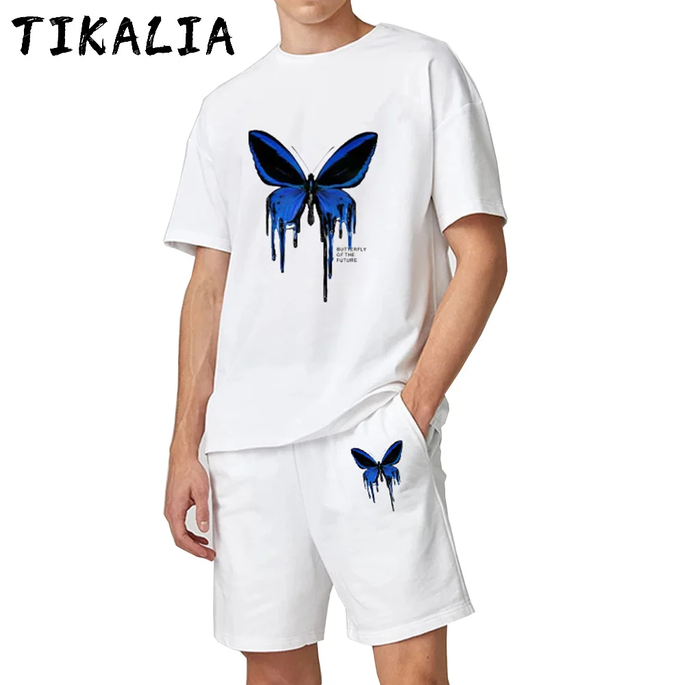 Conjunto de pantalones cortos para hombre, moda de verano, estampado de mariposa, moda urbana coreana, conjuntos para hombre, chándal, Jogging