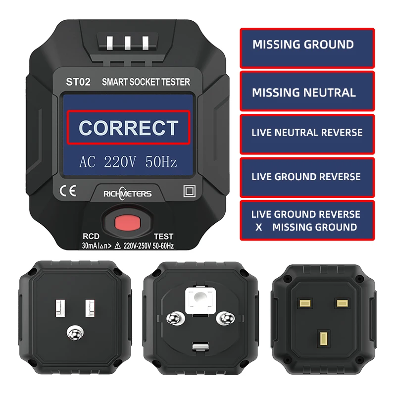 Inteligente Socket Tester Digital comprobador de tensión AC cero circuito eléctrico Detector de línea macho polaridad fase Pro US/EU/Reino Unido GFCI