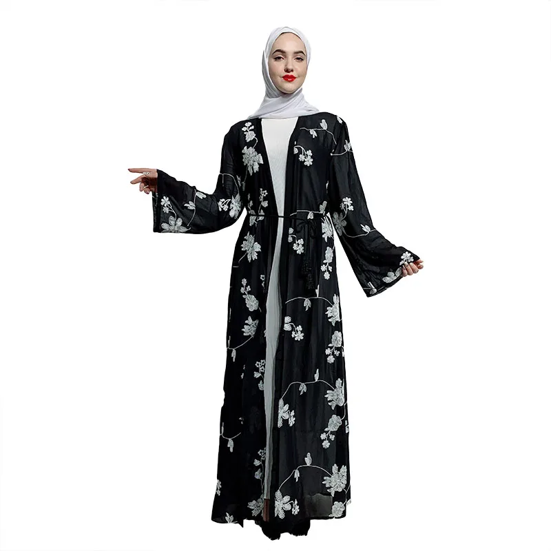

Elegnat Muslim Mesh Kimono Abaya Print Maxi Dress Cardigan Long Robe Gowns Ramadan Eid Islamic Prayer Clothing Worship Kaftan