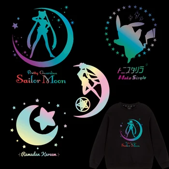 

Hot Sailor Moon Patches Colorful Reflective Rainbow Heat Transfers Vinyl Sticker Iron-on transfer Press For Clothes DIY