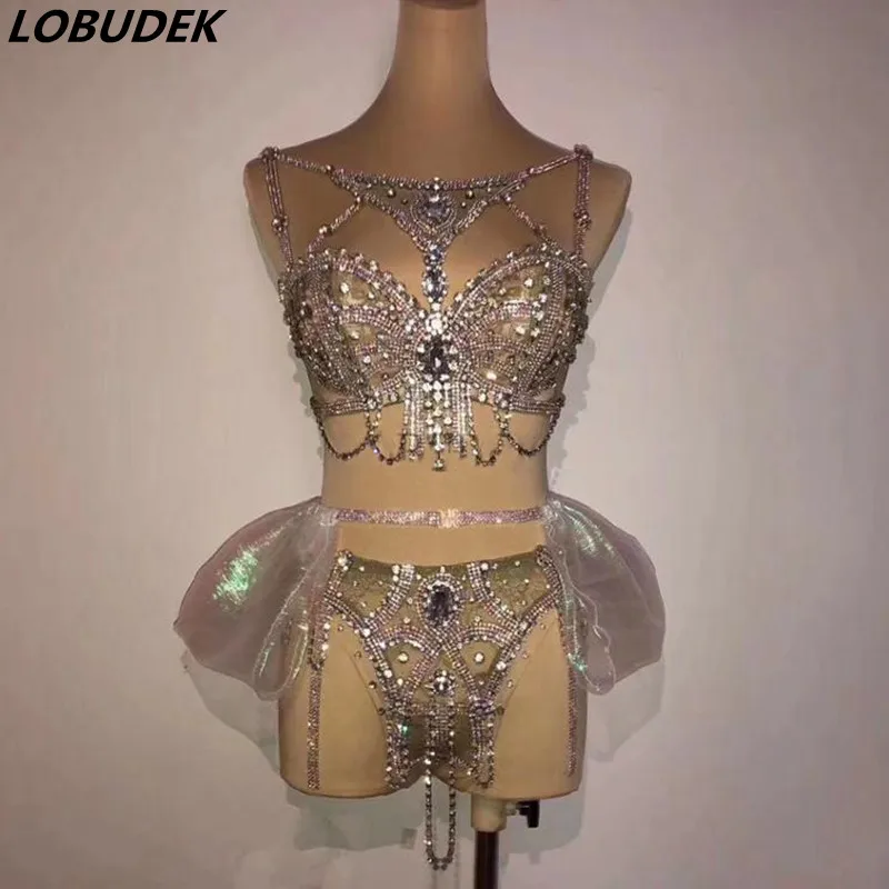 

Shiny Rhinestones Crystal Bikini Outfit DJ Women Singer Pole Dancing Stage Wear Bar Party Model Catwalk Underclothes Costume