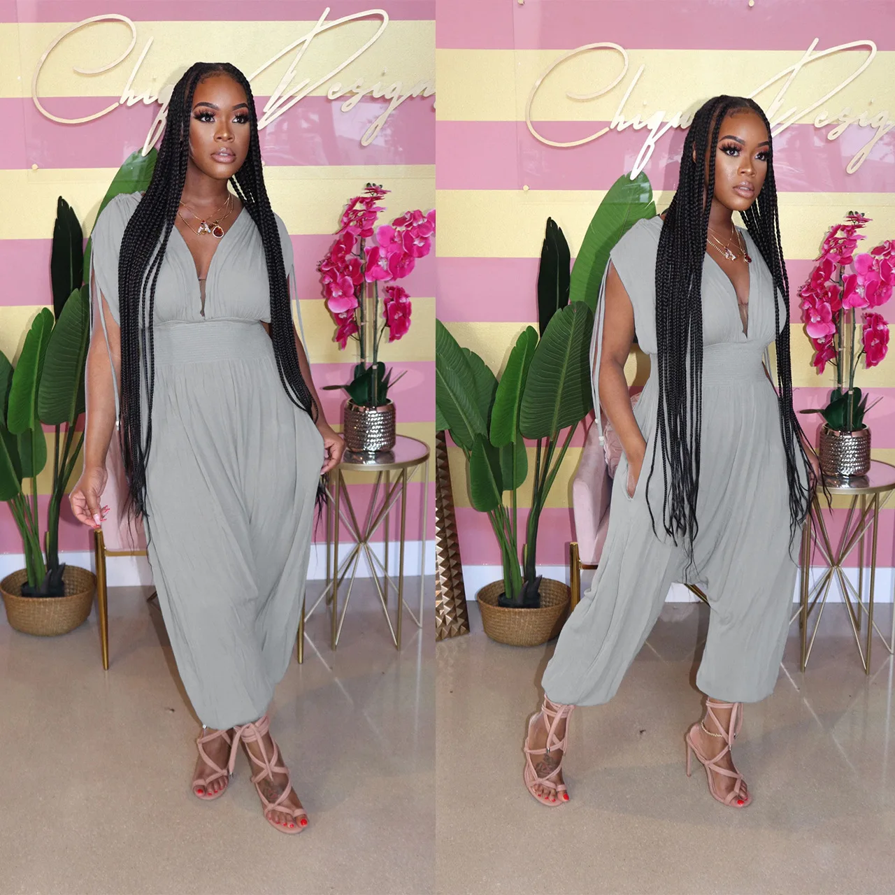 ChocoMist Jumpsuits Casual Solid  V-Neck Loose Jumpsuit M1111