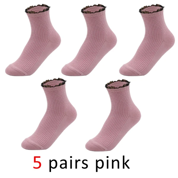 Розовый VERIDICAL 5 pairs/lot Japanese style women girl short socks Solid Lace good quality cotton seamless harajuku socks hip hop - Цвет: Розовый