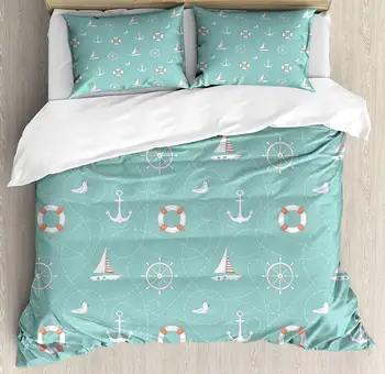 

Anchor Duvet Cover Set Nautical Arrangement with Seagull Helm and Lifebuoy Sailing Doodle Decorative 3 Piece Bedding Set