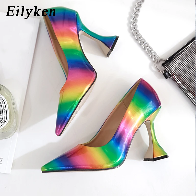 Eilyken/Новинка года; сезон весна-осень; женские туфли-лодочки цвета радуги; свадебные туфли на высоком каблуке с острым носком; туфли-лодочки на шпильке
