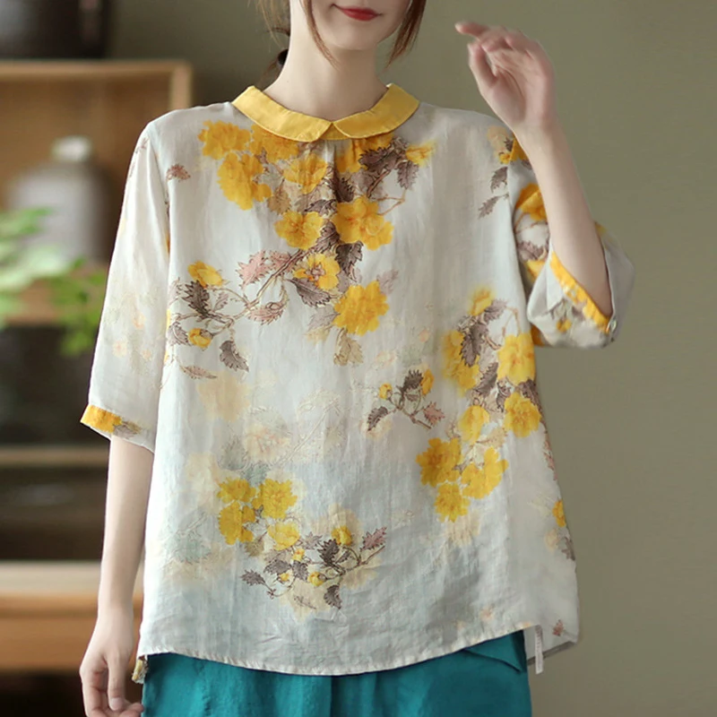 Women Summer Artsy Flower 100 Ramie Turn Down Collar Blouse