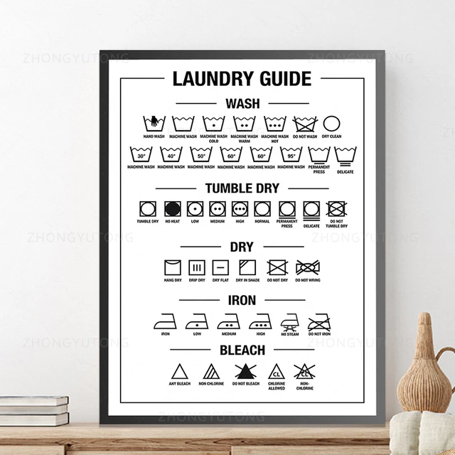 Guide des Symboles d'entretien du Linge Affiche Lavage à Sec Pli Art Prints  Décor Buanderie Mur Art Déco Photos Toile Peinture 30x45cm (12x18in) x3Pcs