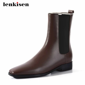 

Lenkisen Chelsea boots natural leather stretch metal decorations square toe thick med heel slip on daily wear mid-calf boots L20