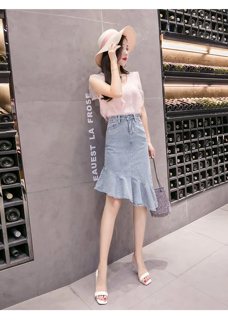 Primavera Novo Jean Meia-cinmento de cintura Alta Jean Mid-comprimento Fishtail A-em forma de saia elegante