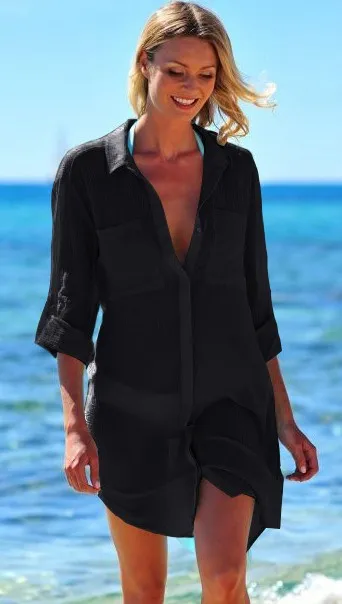 2020 New Bark Wrinkled Two Pocket Hidden Button Beach Bikini Sun-resistant Shirt, Beach Cover-up (4-Color for Selection) 2020 New Bark Wrinkled Two Pocket Hidden Button Beach Bikini Sun-resistant Shirt, Beach Cover-up (4-Color for Selection)