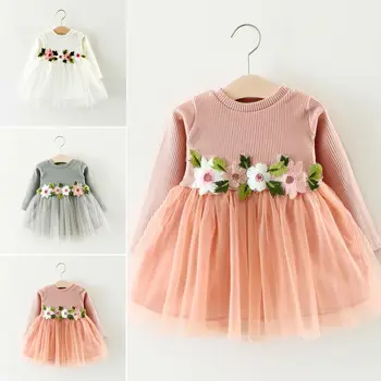 

Baby Girls Dress Cute Flower Waist Belt Round Neck Long Sleeve Tulle Birthday Party Princess Dress