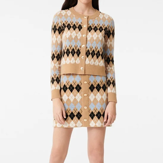 ^*Best Offers 2020 spring and summer temperament lady hit the color Diamond lattice jacquard knit cardigan women