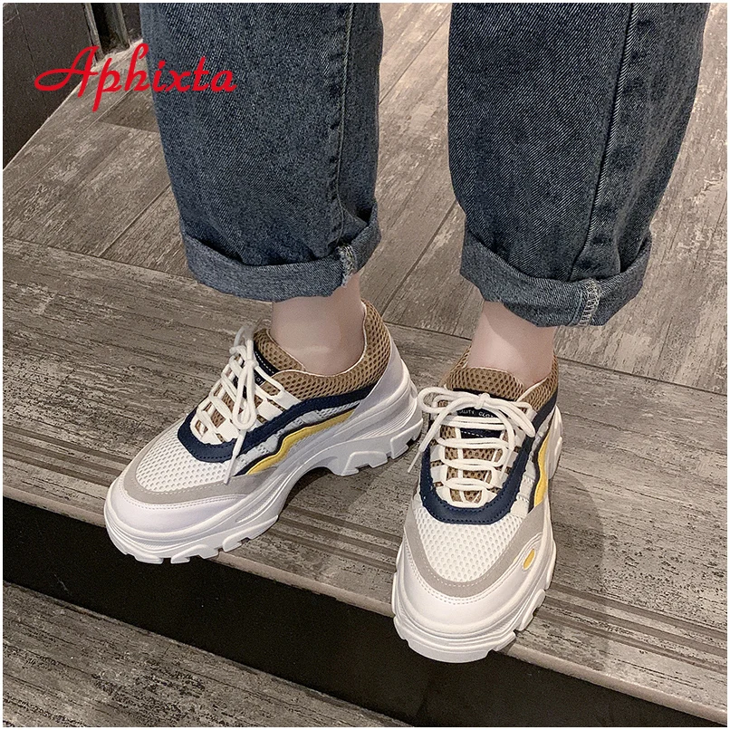 Aphixta Female Platfom Ankle Boots Women Sneakers 5cm Heel Breathable Mesh Shoes Woman Sneaker Casual Chunky Trainers