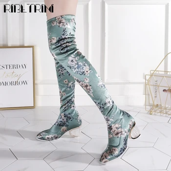 

RIBETRINI Sexy Girl High Heels Round Toe Clear Heel Shoes Flower Round Toe Knee High Women Boots Spring Brand Boots