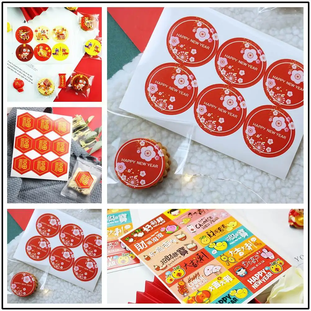 Happy Chinese New Year baking stickers cake cookies Fu blessing dancing lion DIY Party Gift Box Stickers packaging label Décor |