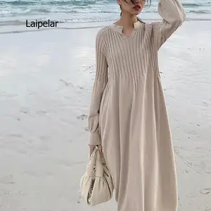 Women's Long Sleeve Basic Dress French Retro Style Female Garment V Neck Long Sleeve Autumn Winter 2022