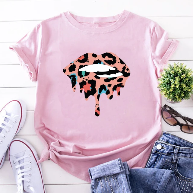 Summer Fashion Shirt Lips Leopard Graphic T Shirt Women Harajuku Tops  O-neck 4 colors Tee Kiss Lip Funny Girls  T-shirt Lips 4 Pink