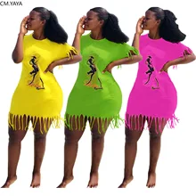 Новинка, женское летнее платье с коротким рукавом и круглым вырезом, с принтом, с кисточками, классическое облегающее платье, модная уличная одежда, повседневные платья, vestidos GLT3366H