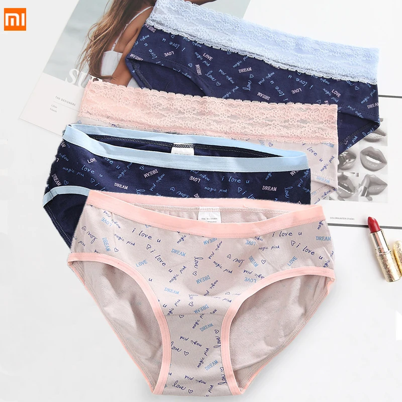  Новинка, женское нижнее белье Xiaomi 4 шт./лот, женские хлопковые трусы со средней посадкой, женские сексуальные модные кружевные трусики, …