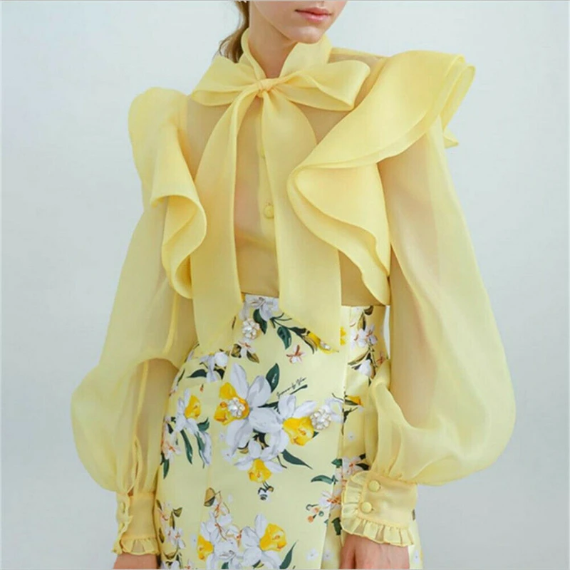 Women Lady Mesh Sheer Long Puff Sleeve Tops Bowknot Blouse Ruffled Buttons Shirt