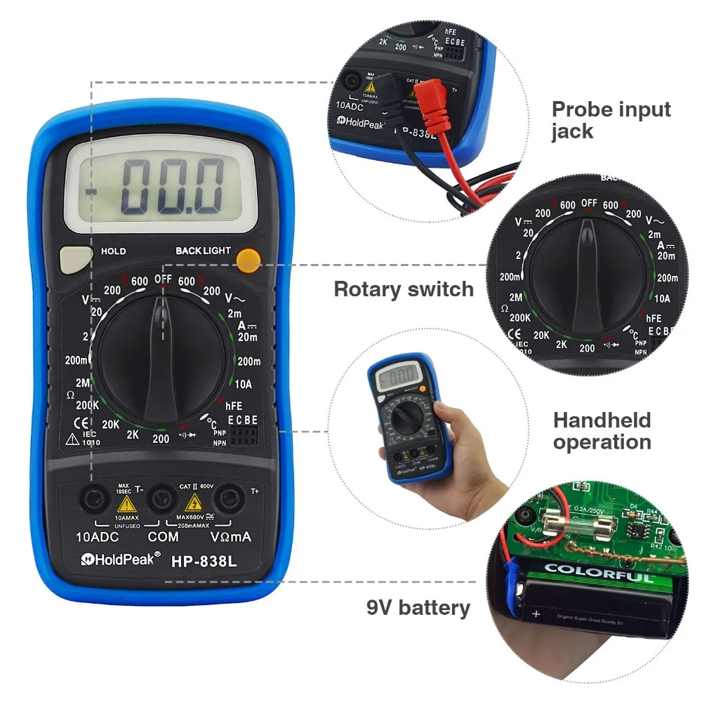

HP-838L Digital Multimeter for AC DC Voltage Amp Ohm Volt,Temperature Continuity Transistor Diode Voltmeter Electric Meter