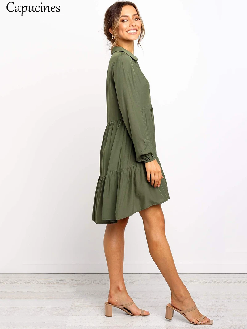 Армейский Зеленый повседневное стиль Рубашка-платье осень Длинные рукова Отложной воротник свободное твердый Платье женское винтажное Мини платья