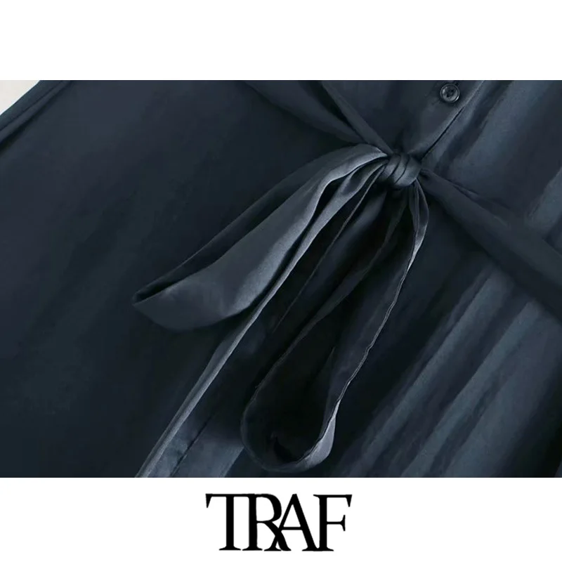 TRAF, женское винтажное элегантное офисное платье, мягкое на ощупь, платье-рубашка средней длины, модное платье с рукавом три четверти и поясом-бабочкой, женские платья