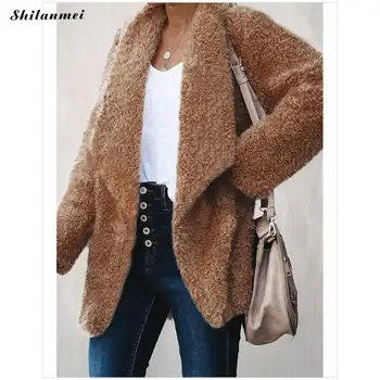 

Plus Size Fleece Jacket Coat Casual Women Autumn Winter Turn-Down Collar Plush Cardigan Female Fashion Brown Thick Teddy Coat