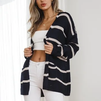 

2019 Autumn Winter Women Casual Sweaters Long Sleeve Loose Cardigans Knitted Jumpers Patchwork Outwear Jacket Coat with Pockets