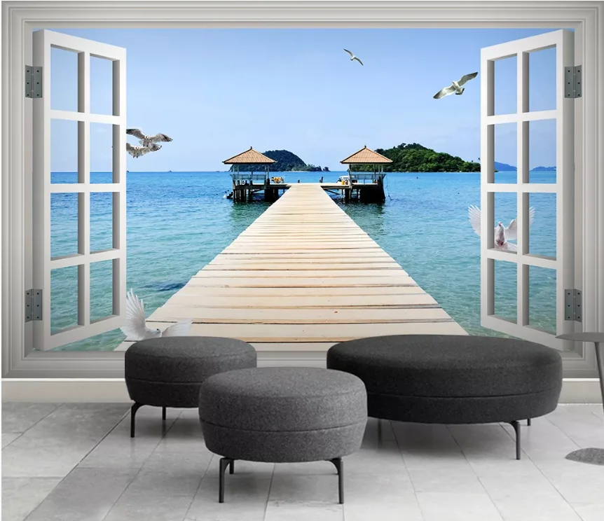 

Develop a window outside the sea 3D stereo TV sofa background wallpaper mural