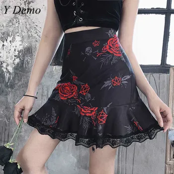 

Sexy Lace Rose Printing Women Skirt Gothic A Line High Waist Mesh Skirts Female