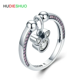 

HUDIESHUO 925 SterlingSilver Cartoon Mouse Dangle Finger Rings for Women Wedding Engagement SilverRing Jewelry Gift