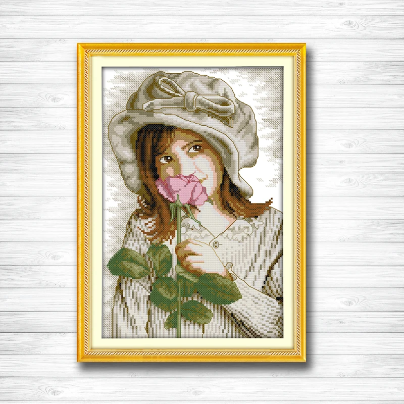 

A girl who smells flowers painting dmc 14CT 11CT counted cross stitch kits embroidery set Needlework Set chinese cross stitch