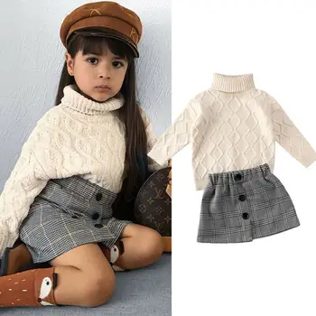 

Toddler Baby Girls 2PCS Winter Clothes Knitted Long Sleeve Highneck Sweater Tops+Plaid Skirt Fashion Outfits Set