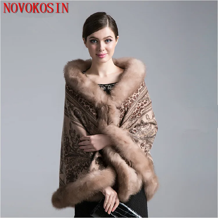 Same Color As Photo Новая мода Настоящее пончо с мехом лисы осень зима плащ большой маятник напечатанный теплый шаль кашемир с меховой для шеи шарф накидки - Цвет: Same Color As Photo