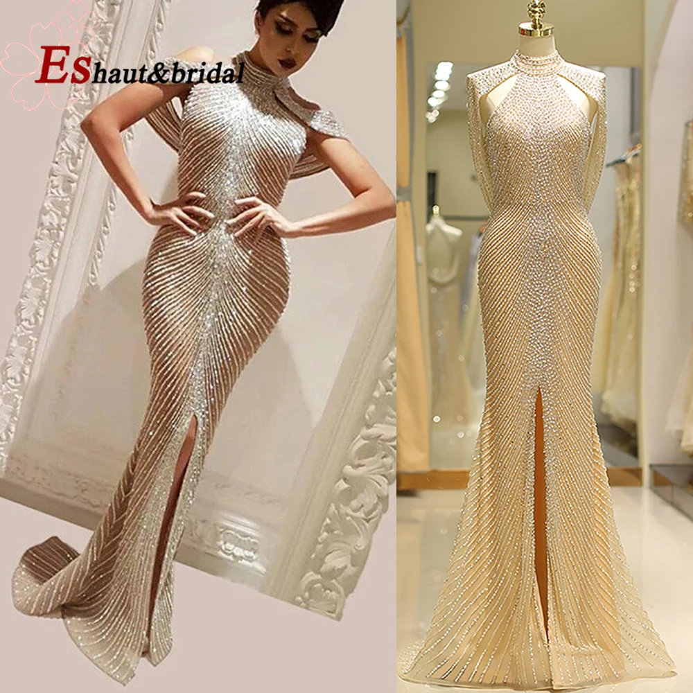 Женское вечернее платье с разрезом спереди, роскошное Золотое длинное вечернее платье с высоким воротом и арабским кристаллом в Дубае 2020|Вечерние платья|   | АлиЭкспресс