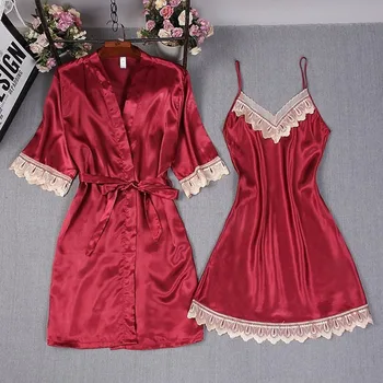 

Women Sexy Lace Satin Nightgown + Bathrobe Pajamas Sets Half Sleeve Sleepwear Lounge Set Female Nightdress