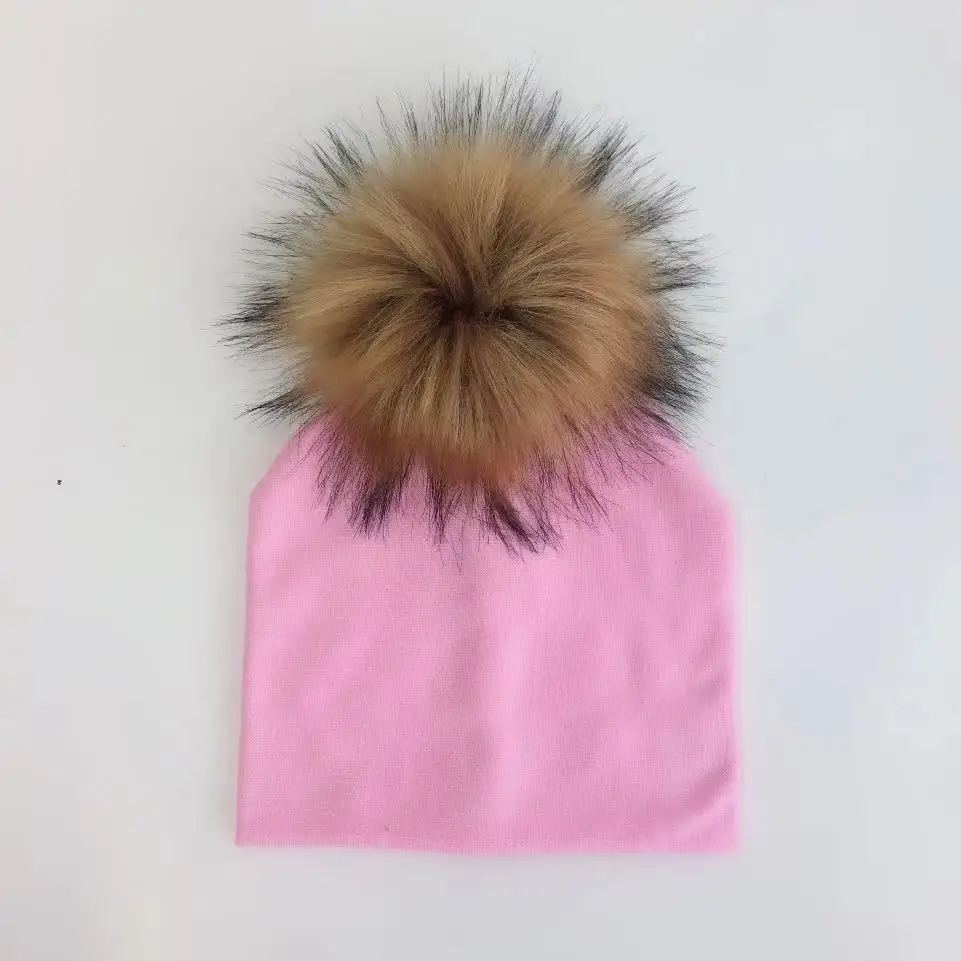 2 pink Зимняя детская шапка для малышей; реквизит из меха енота для мальчиков и девочек; детская шапка из искусственного хлопка; шапка для новорожденных; детская шапочка с помпоном - Цвет: 2 pink