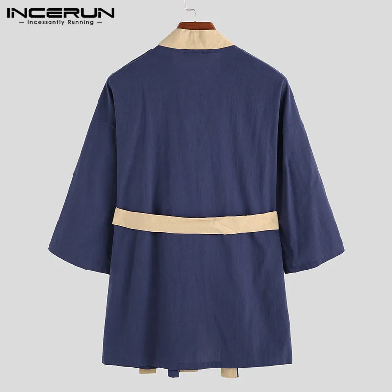 INCERUN Китайская традиционная рубашка Hanfu мужская с v-образным вырезом Лоскутная хлопковая уличная рубашка с рукавом 3/4 в стиле ретро кунг-фу