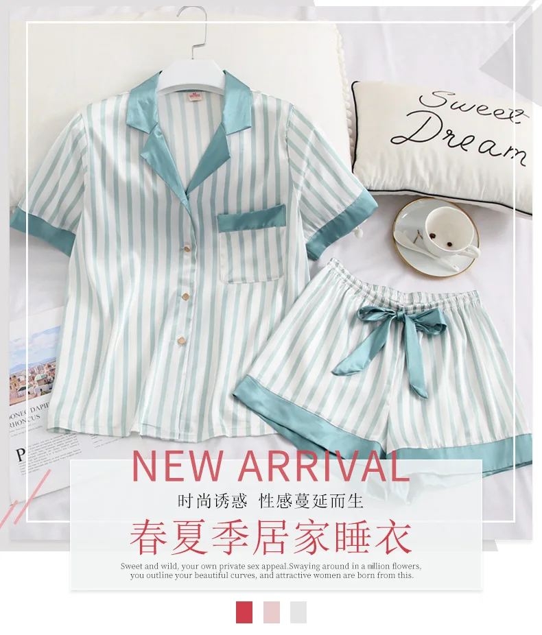Cute Womens Pajamas Sleepwear Two Piece Set Silk Pijama Satin Short Sleeve Shirt+ Shorts Night Suits Student Pyjama Homewear