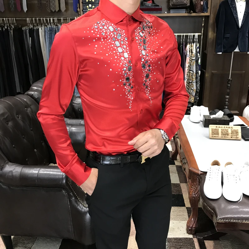 Новые брендовые модные повседневные мужские рубашки Бизнес Slim Fit Red diamond sequins Auger Social Shirt мужские для певицы для сцены мужские s рубашки