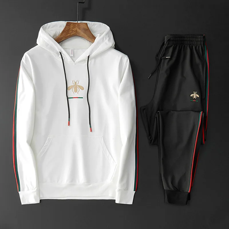 

2020Fall/Winter Men's Elastic Band Casual Suit Embroidered Long Sleeve Suit Fitness Sports Suit Long Sleeve Trousers 2 Piece Set