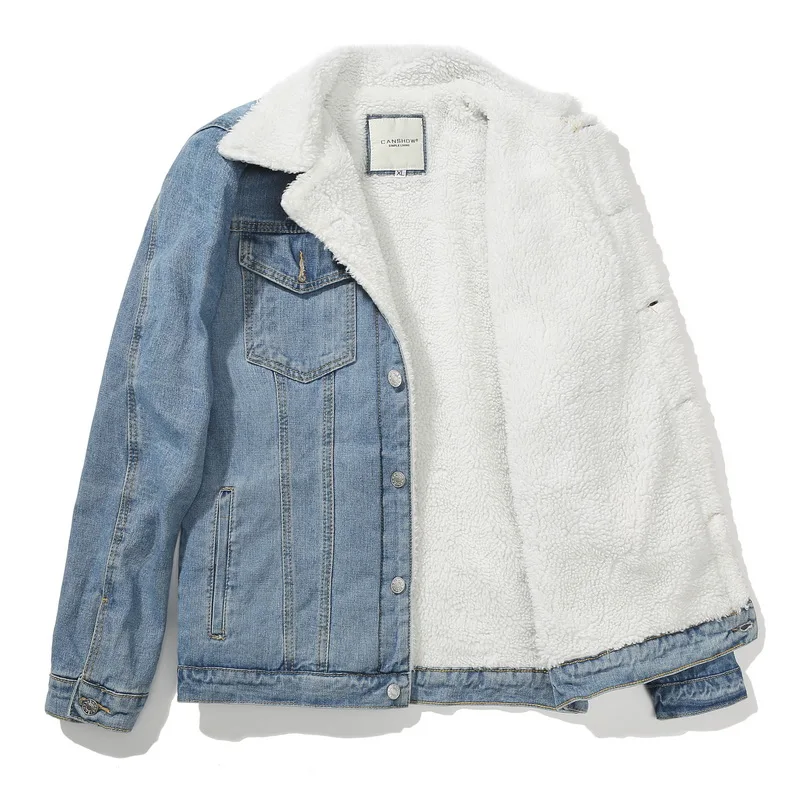 LightBlue 6XL, Мужская джинсовая флисовая куртка, зимняя однотонная повседневная мужская куртка высокого качества, ковбойская Мужская джинсовая уличная куртка, Chaqueta Hombre, GCM004 - Цвет: LightBlue