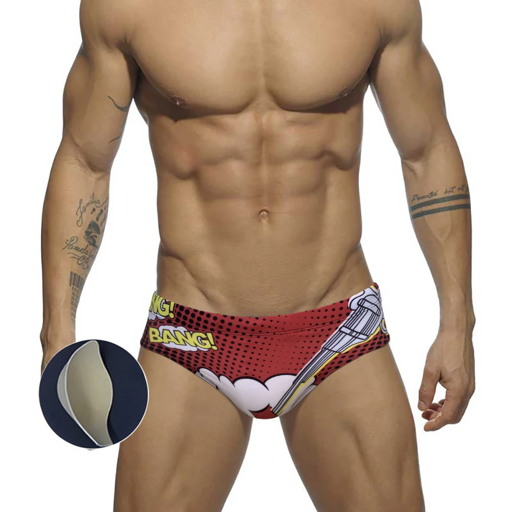 

New Men's Swim Trunks With Push Pads Fashion Print Bikini European American Sexy Low Waist Swimwear Summer Beach Surfing Sports
