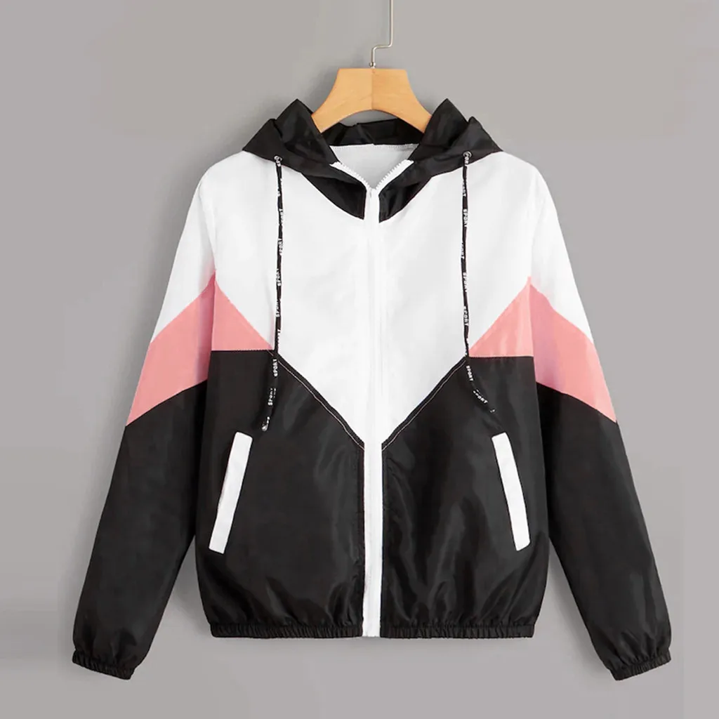 Pink Womail S-XXL пальто с капюшоном женские куртки на молнии с карманами ветровка повседневное пальто с длинными рукавами осеннее лоскутное тонкое с капюшоном - Цвет: Pink