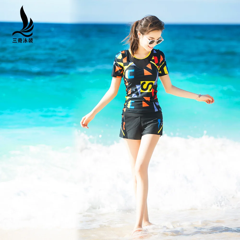 

Sanqi Bathing Suit Conservative Split Type Small Bust Gathering Boxers Conservative Short Sleeve Large Size Hot Springs Swimwear